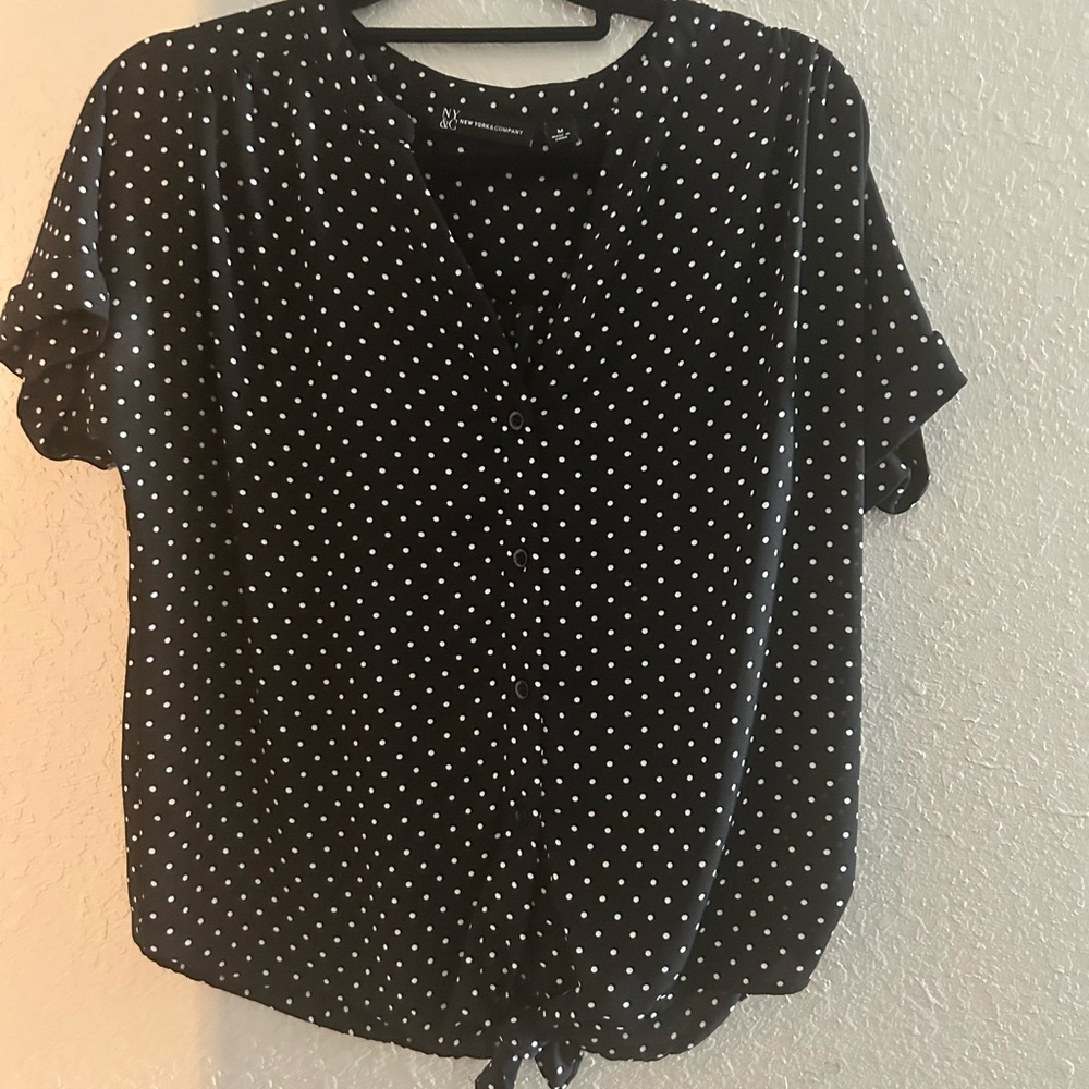 New York & Company Black Blouse with White Dots